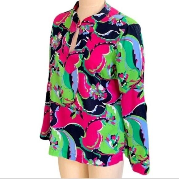 Talbots Colorful Floral BOHO Band Collar Single Button Blouse Sz 10 #247C - Picture 3 of 6